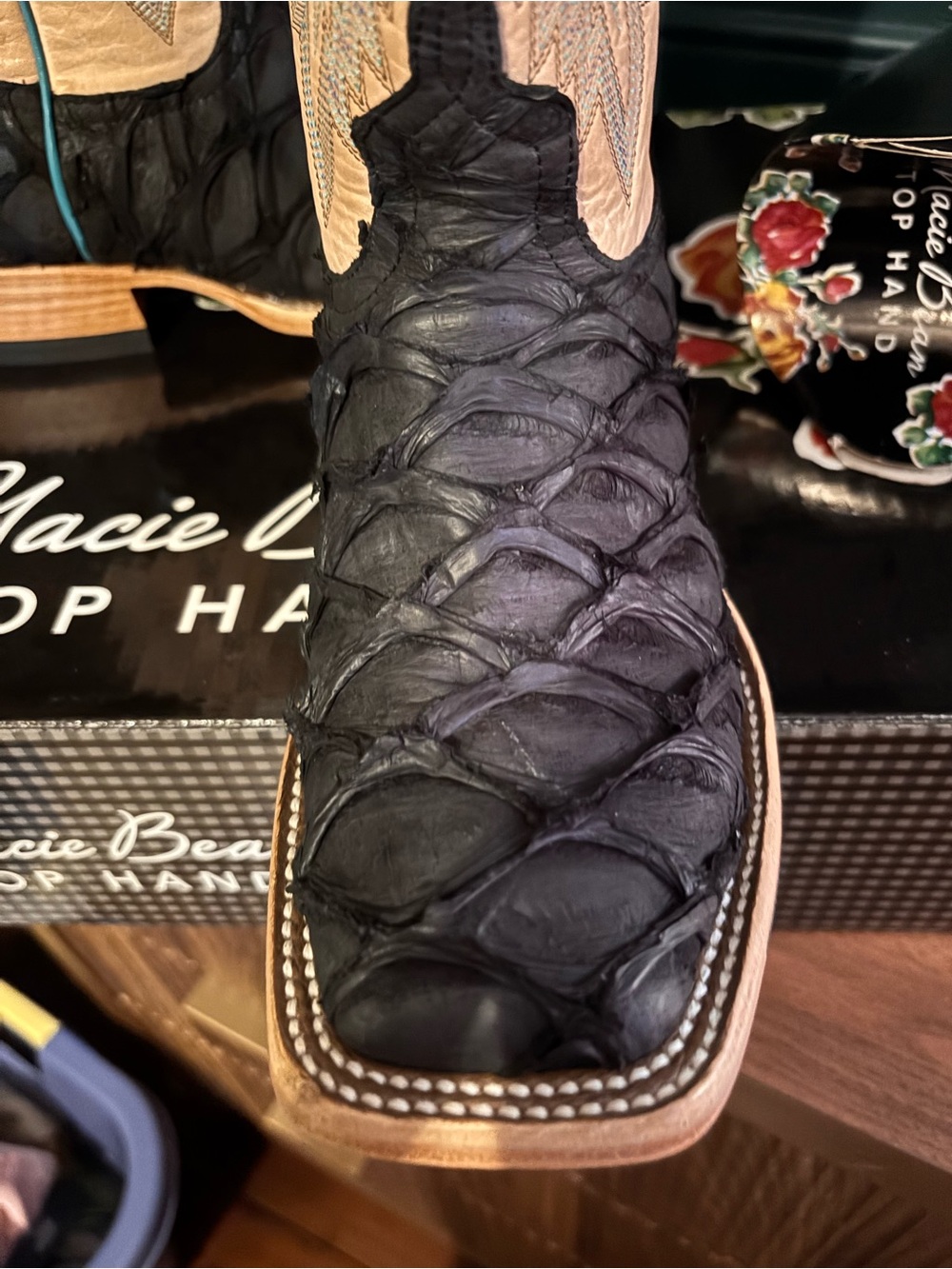 Macie Bean Two-Tone Western Boots — Black & Tan Exotic Amazonian Big Bass - Picture 13 of 15